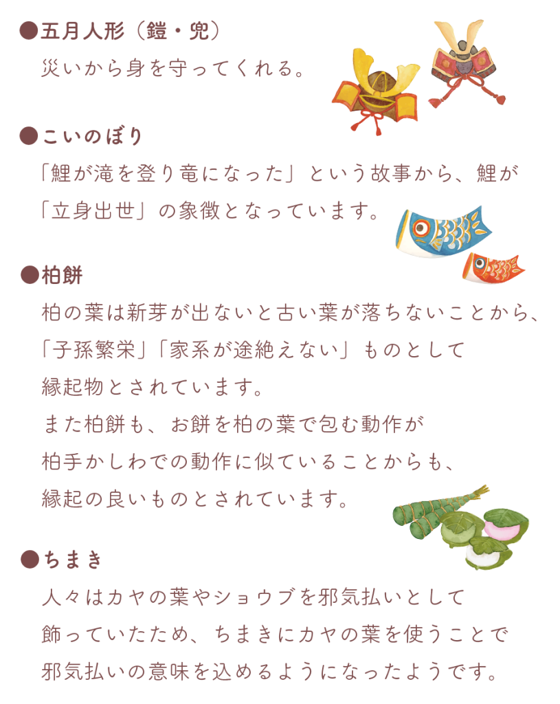 ●五月人形（鎧・兜）
災いから身を守ってくれる。
●こいのぼり
「鯉が滝を登り竜になった」という故事から、鯉が「立身出世」の象徴となっています。
●柏餅
柏の葉は新芽が出ないと古い葉が落ちないことから、「子孫繁栄」「家系が途絶えない」ものとして縁起物とされています。また柏餅も、お餅を柏の葉で包む動作が柏手かしわでの動作に似ていることからも、縁起の良いものとされています。
●ちまき
人々はカヤの葉やショウブを邪気払いとして飾っていたため、ちまきにカヤの葉を使うことで邪気払いの意味を込めるようになったようです。